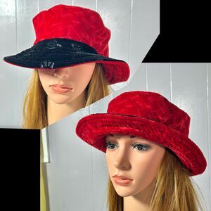 Womens New Orleans Kabuki Velvet Red Black Cloche Bucket Hat Tracy Thomson
